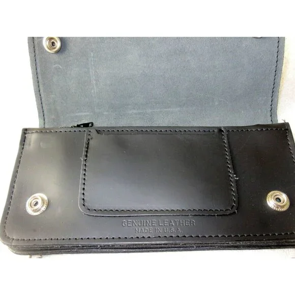 Men's Genuine Leather Skull Skeleton Trucker Snap Chain Wallet Black USA Made - Picture 5 of 7